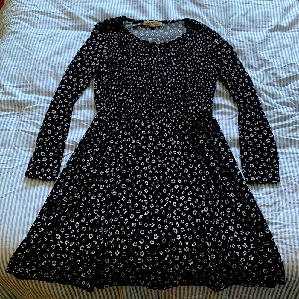 Black floral dress. Long sleeve.